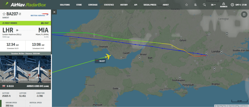 British Airways flight to Miami circling over Atlantic