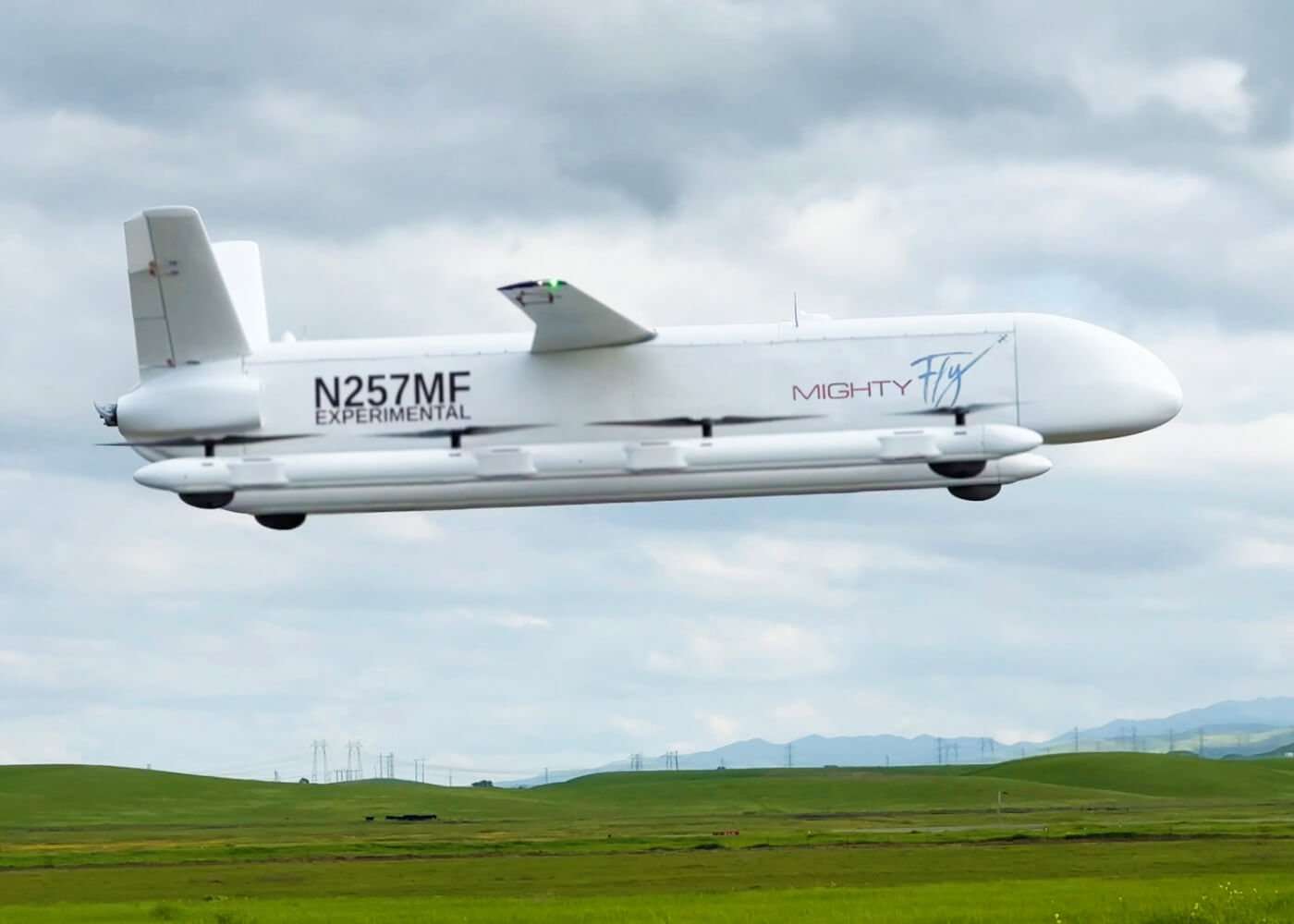 A MightyFly autonomous eVTOL aircraft hovering.