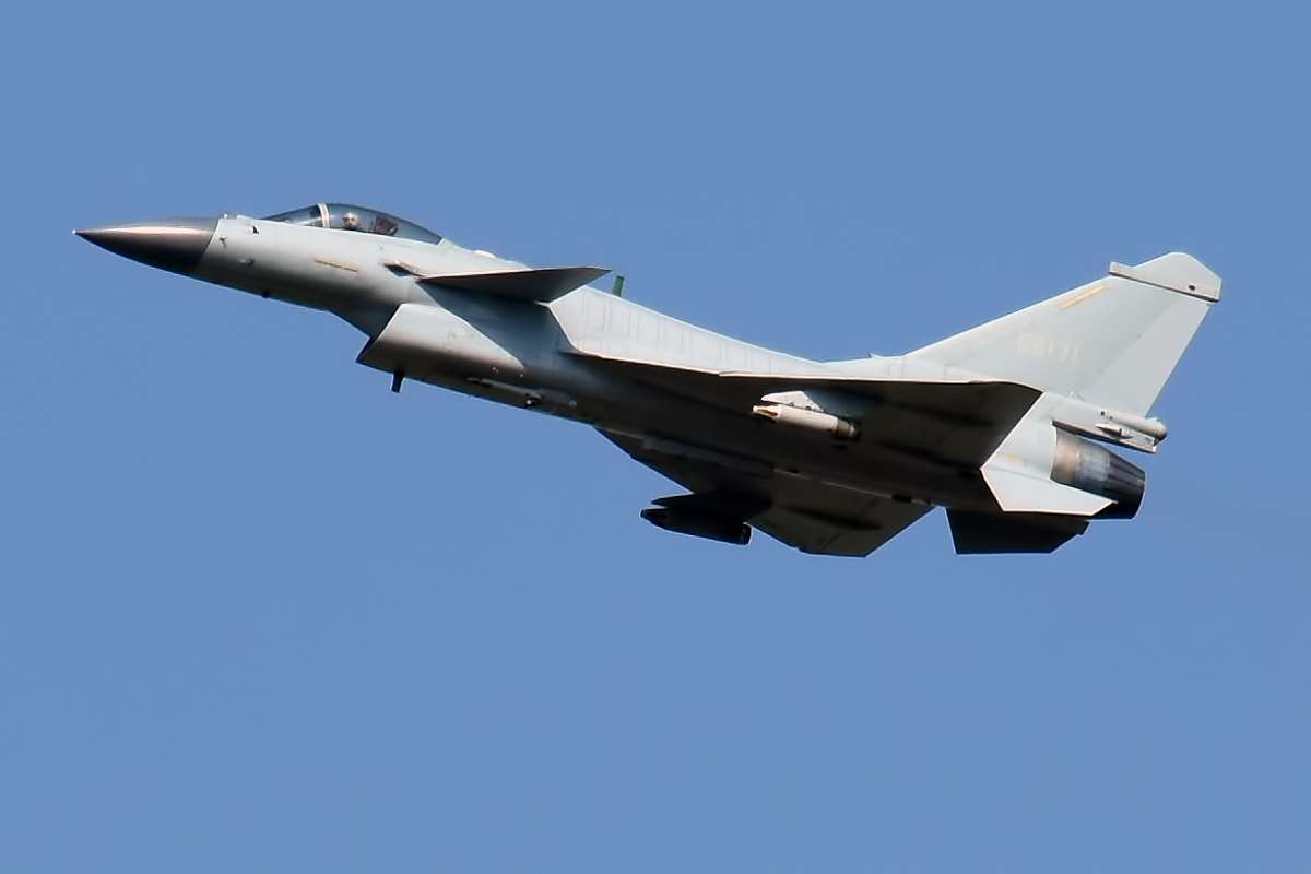 A Chinese Air Force J-10B fighter jet in flight.