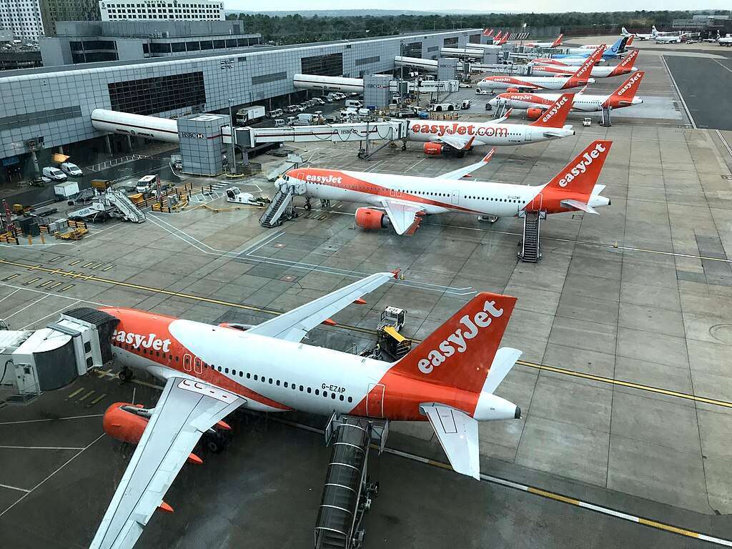 easyJet aircraft parked at Gatwick Airport gates.