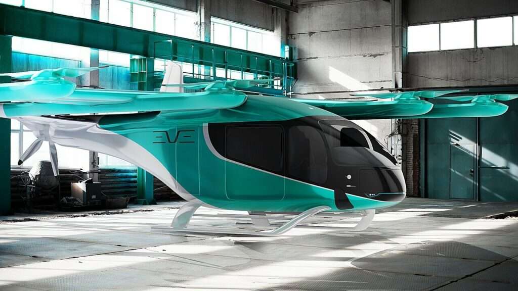 Render of an Embraer Eve Air Mobility eVTOL aircraft.