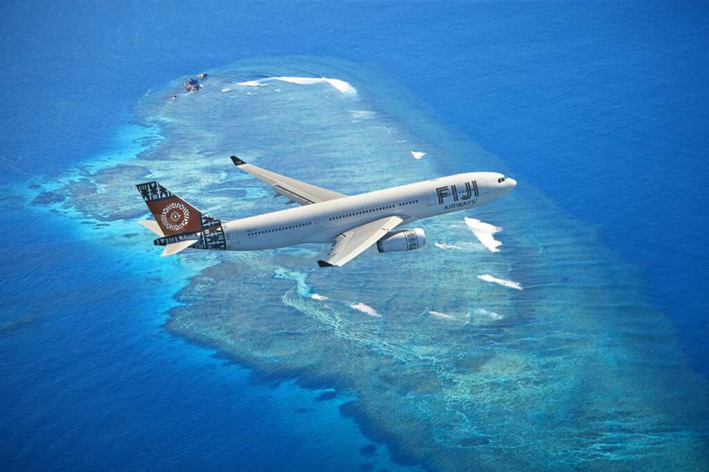 A Fiji Airways flight over the Pacific.
