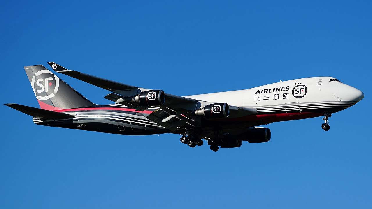 An SF Airlines 747 freighter in flight.