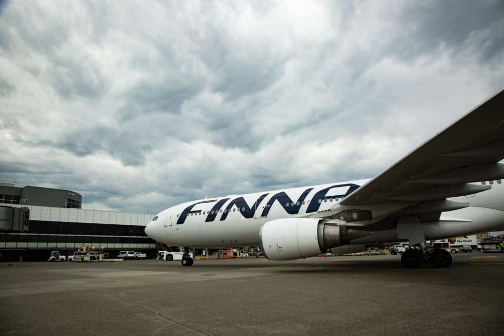 A Finnair Airbus pulls up at the Seattle gate.