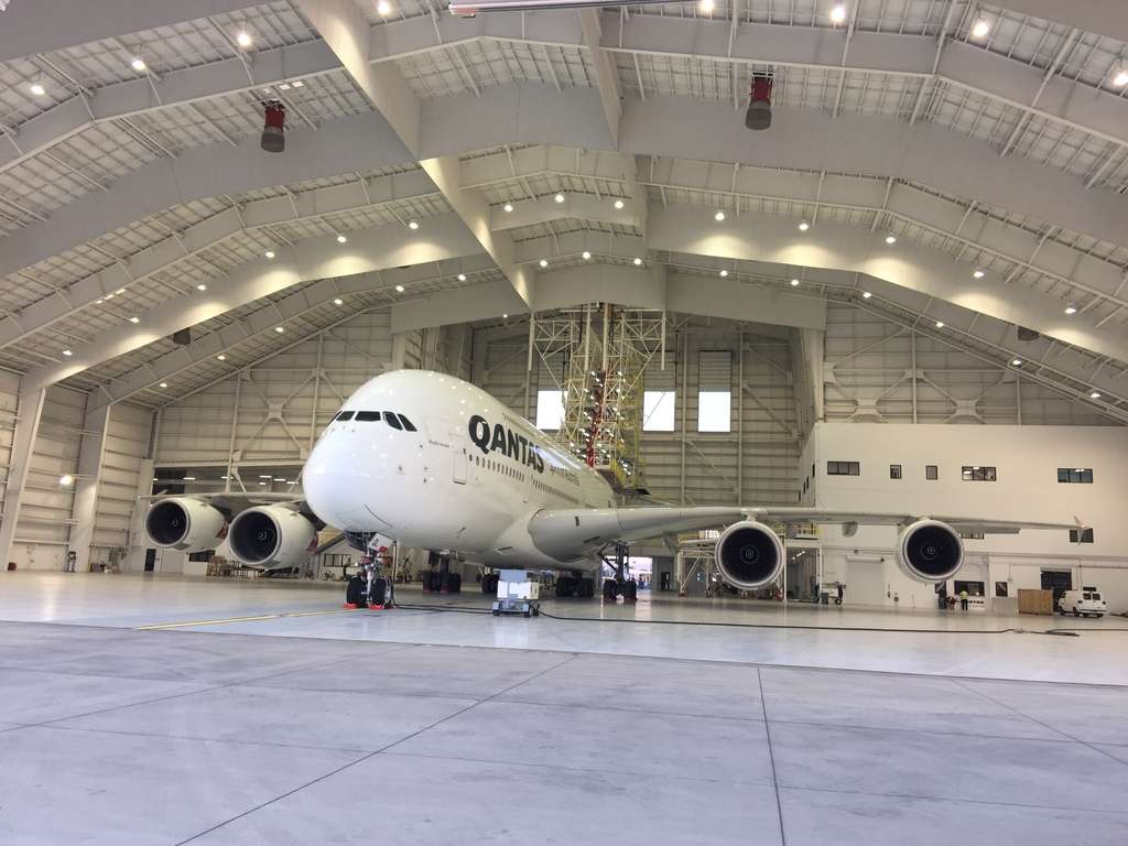 A Qantas Airbus A380 in the hangar.