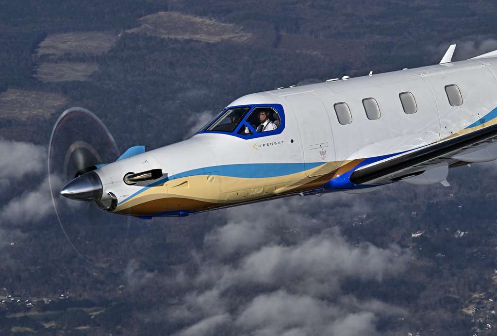 An OpenSky Pilatus PC-12 NGX in flight.