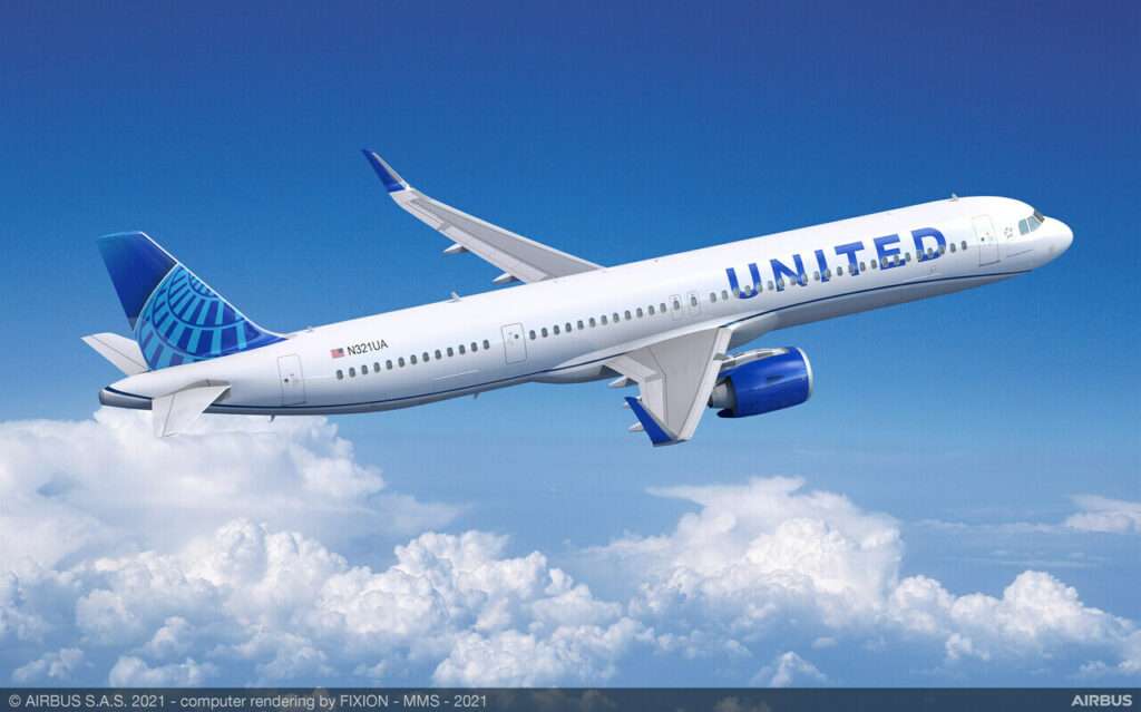Render of a United Airlines Airbus A321neo in flight.