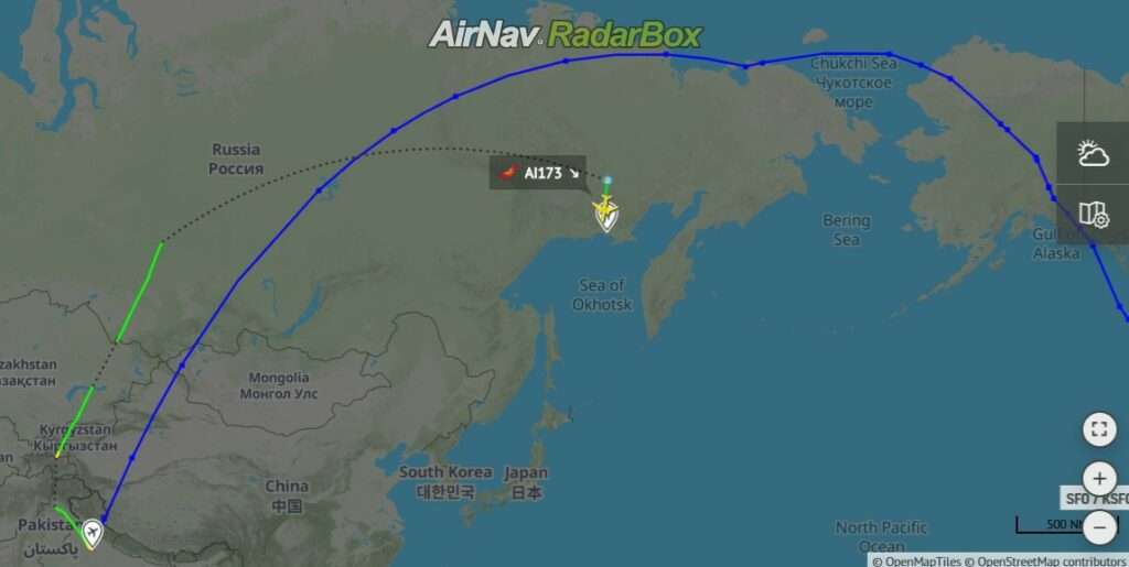 Flight plan showing Air India flight bound for San Francisco diversion to Magadan, Russia.