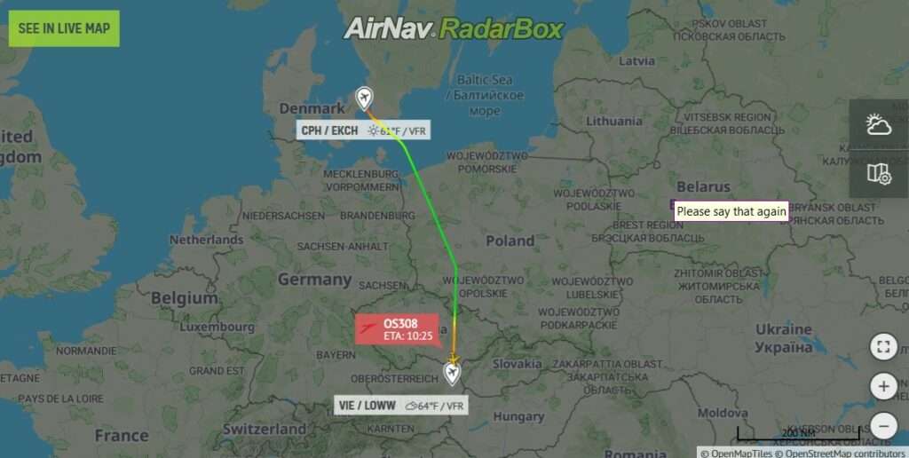 Flight plan track for Austrian Airlines flight OS308 enroute to Vienna.