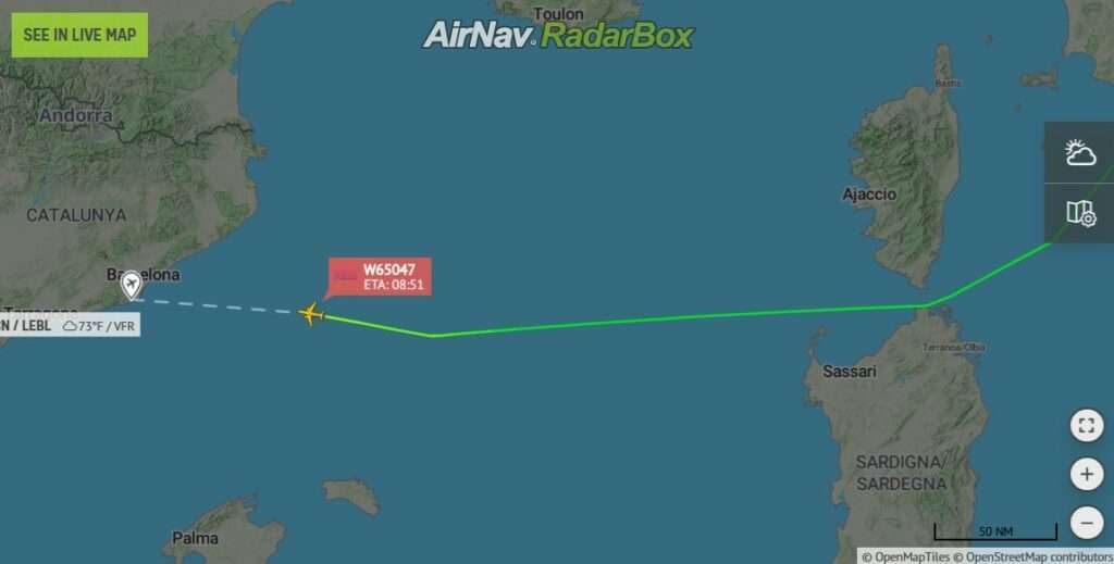 Flight plan track of Wizzair flight inbound to Barcelona.
