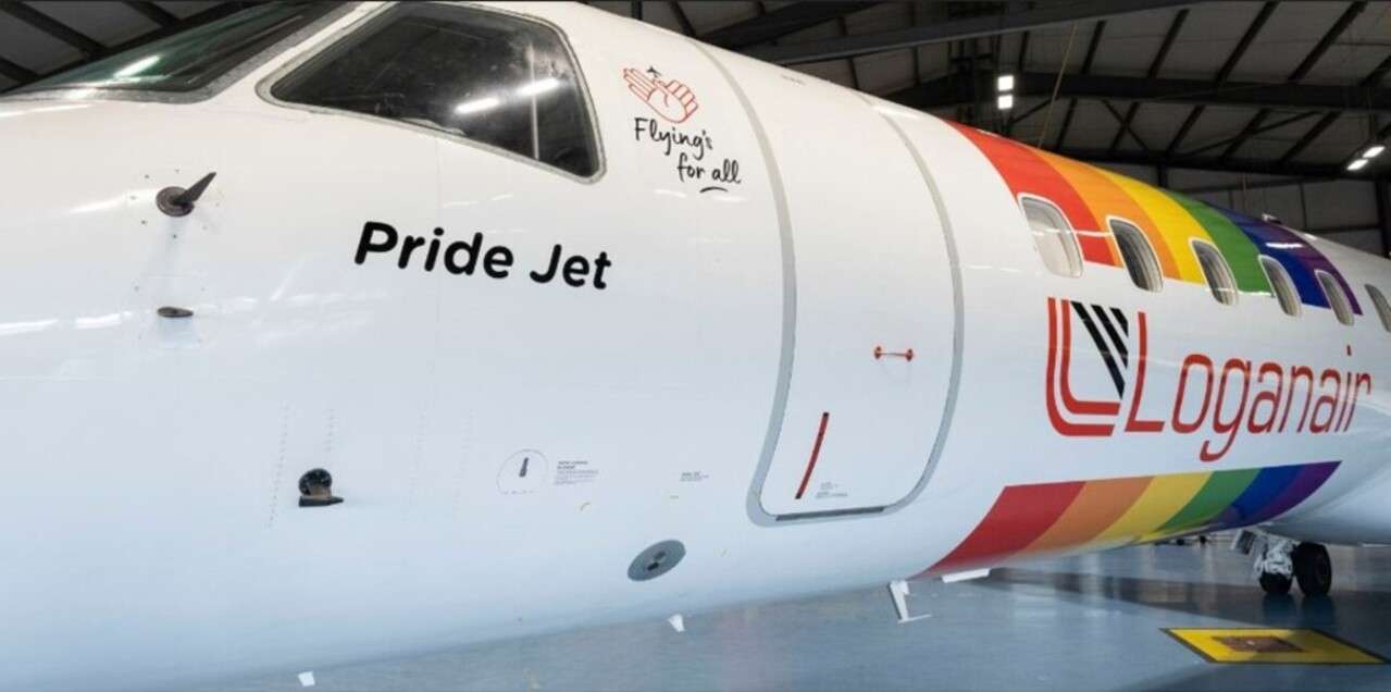 The Loganair Pride Jet Embraer 145 in the hangar.