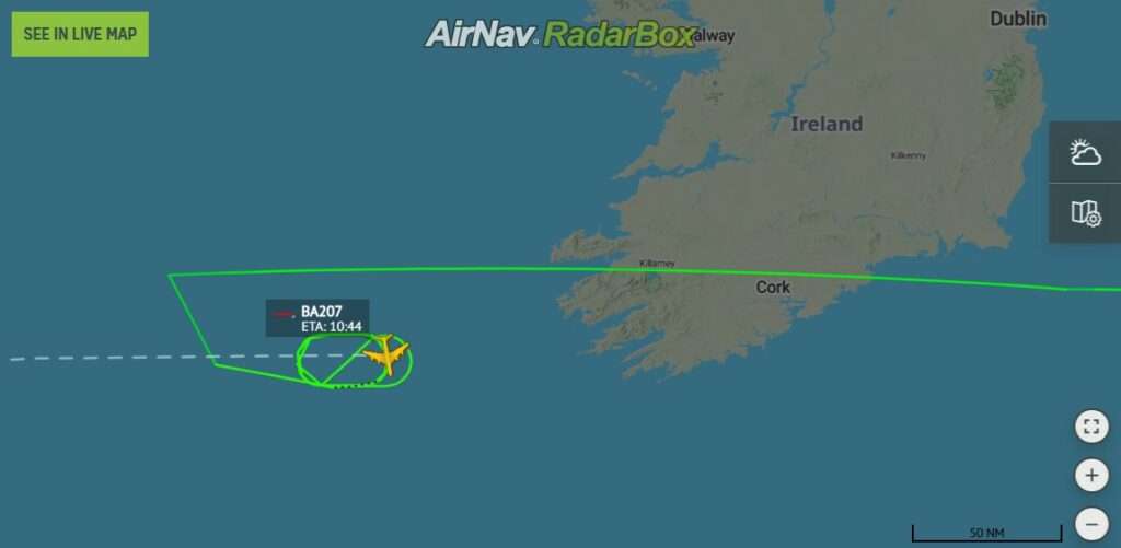 Flight track of British Airways flight London to Miami