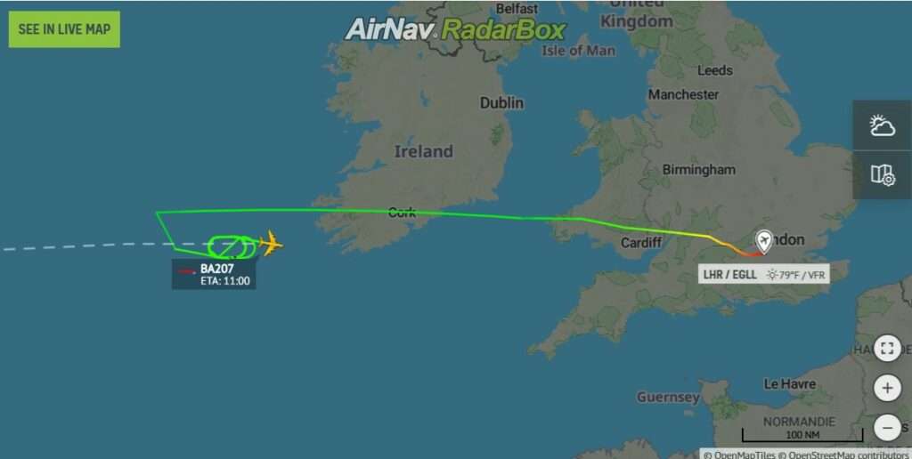 Flight plan track of British Airways BA207 operating London to Miami, circling over the Atlantic.