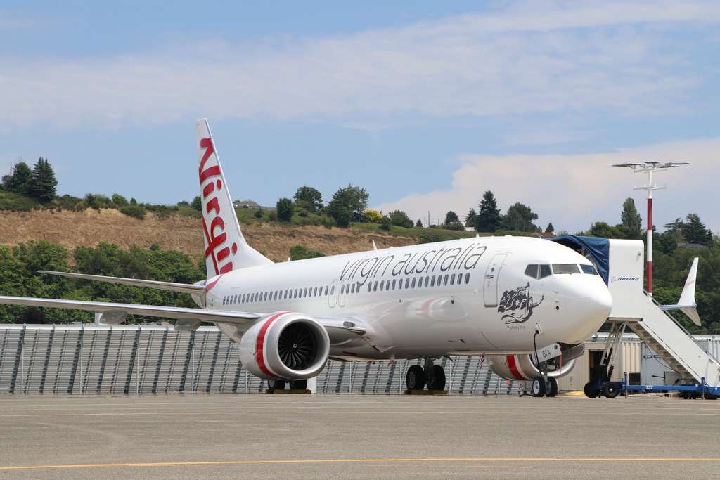 A Virgin Australia Boeing 737-8 parked in Seattle.