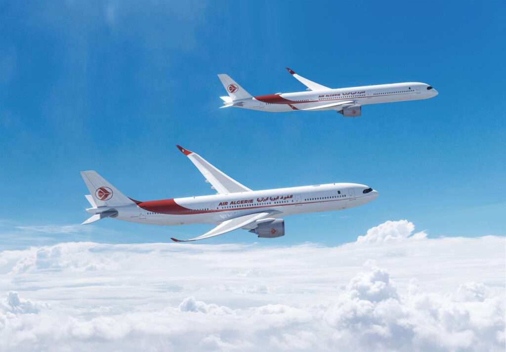 A render of two Air Algerie Airbus aircraft in flight.