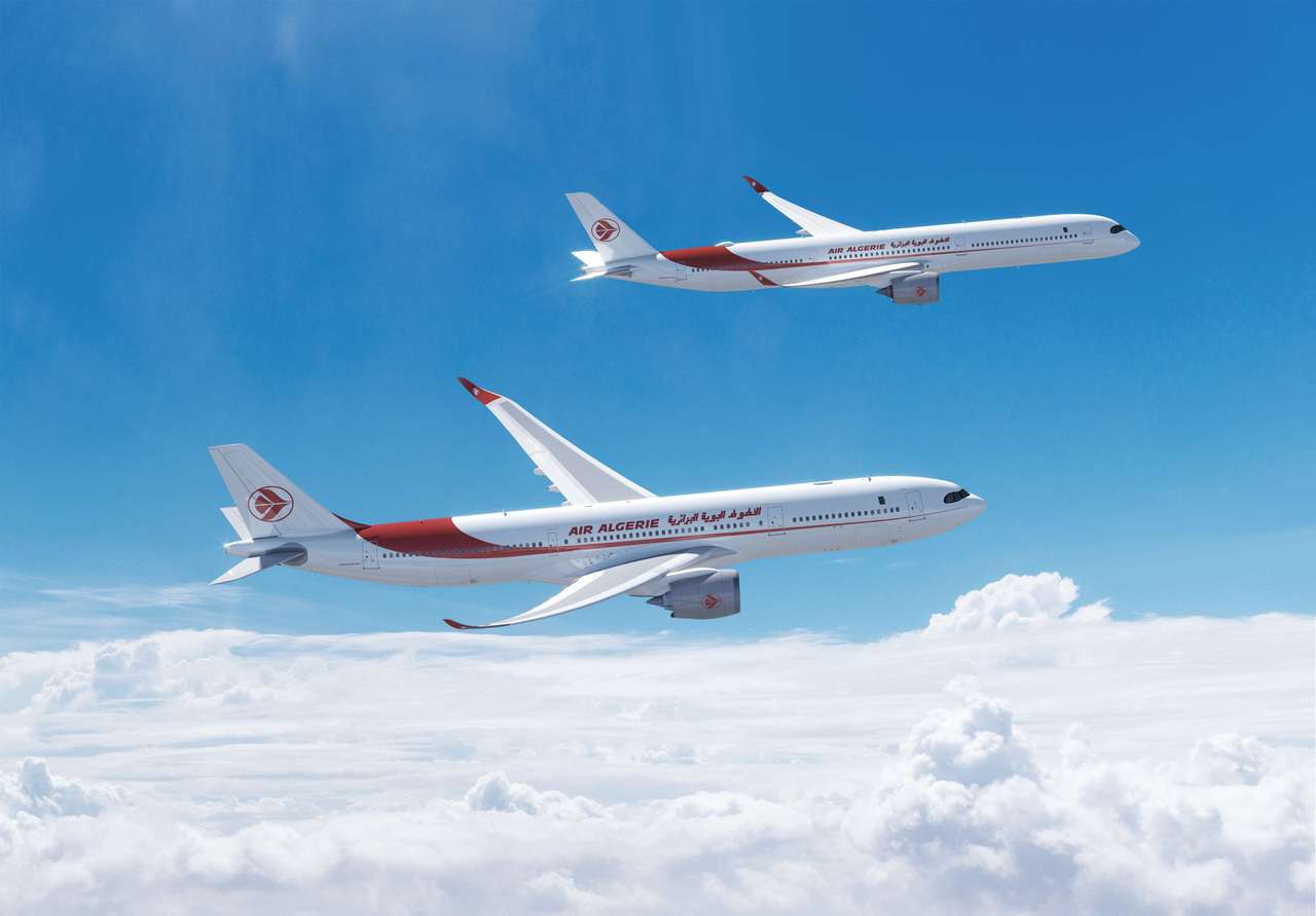 A render of two Air Algerie Airbus aircraft in flight.