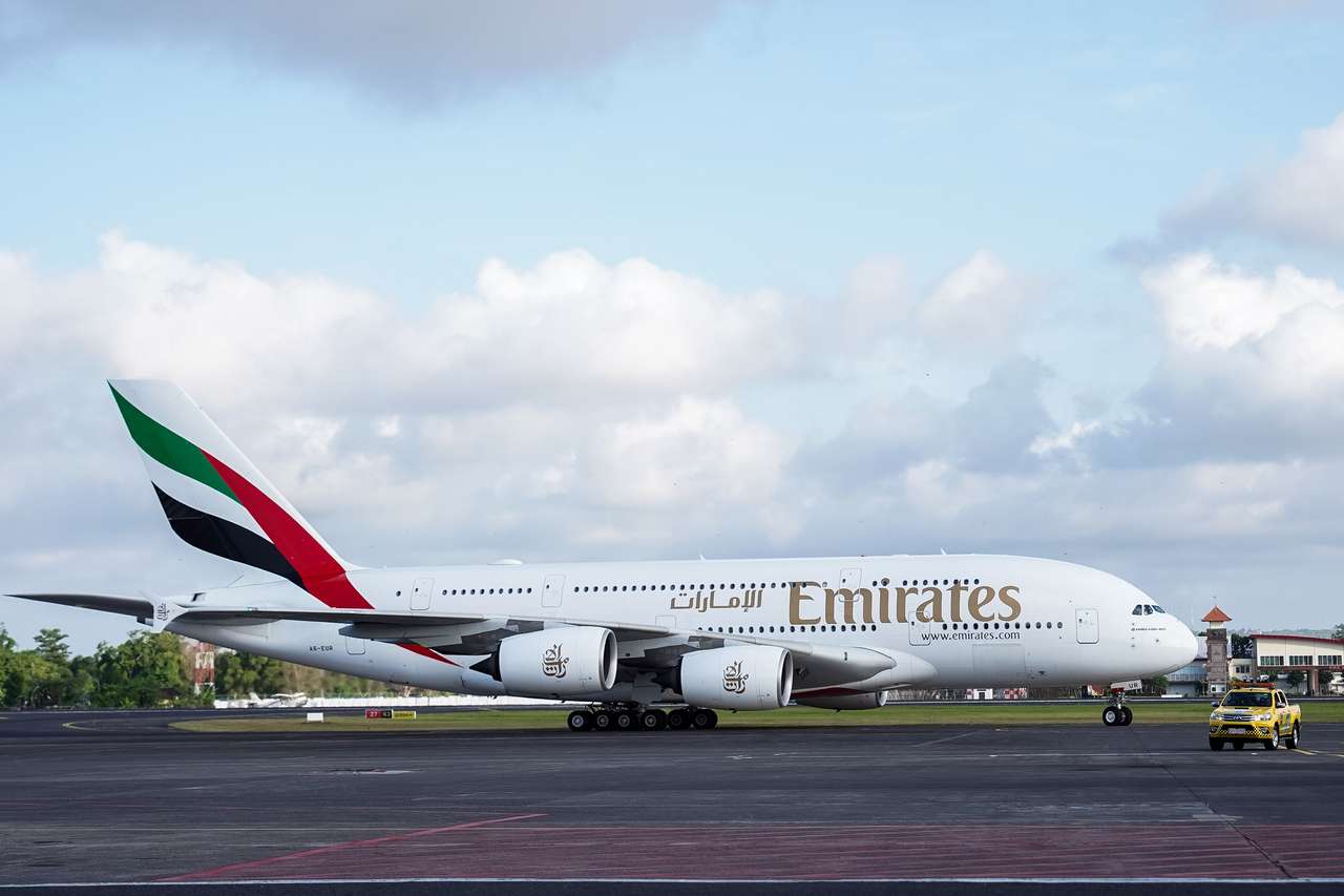 An Emirates A380 taxis after landing in Bali.