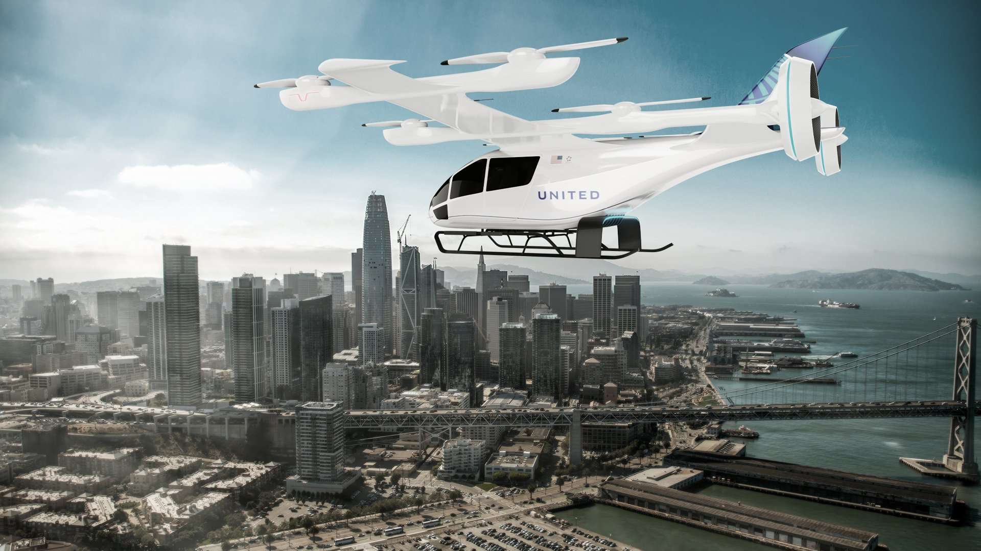 Render of United Airlines Eve Air Mobility eVTOL in flight over San Francisco.
