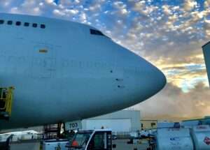 A Pacific Air Cargo 747 freighter on the ramp as day breaks.
