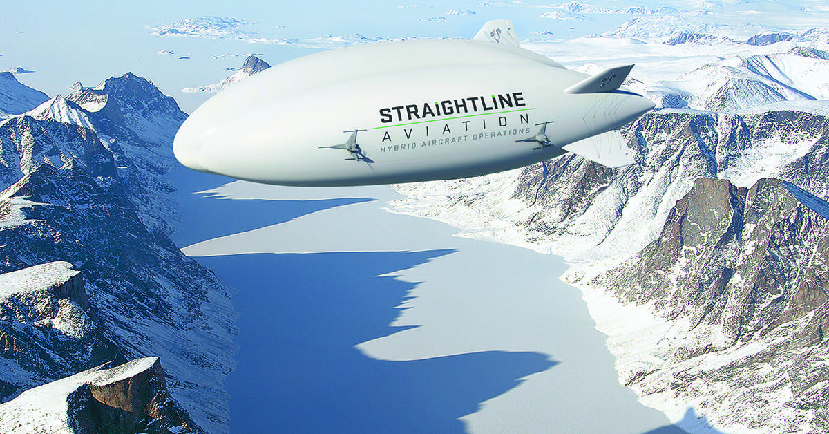 Render of a Straighline Aviation hybris airship in flight over Baffin Island.
