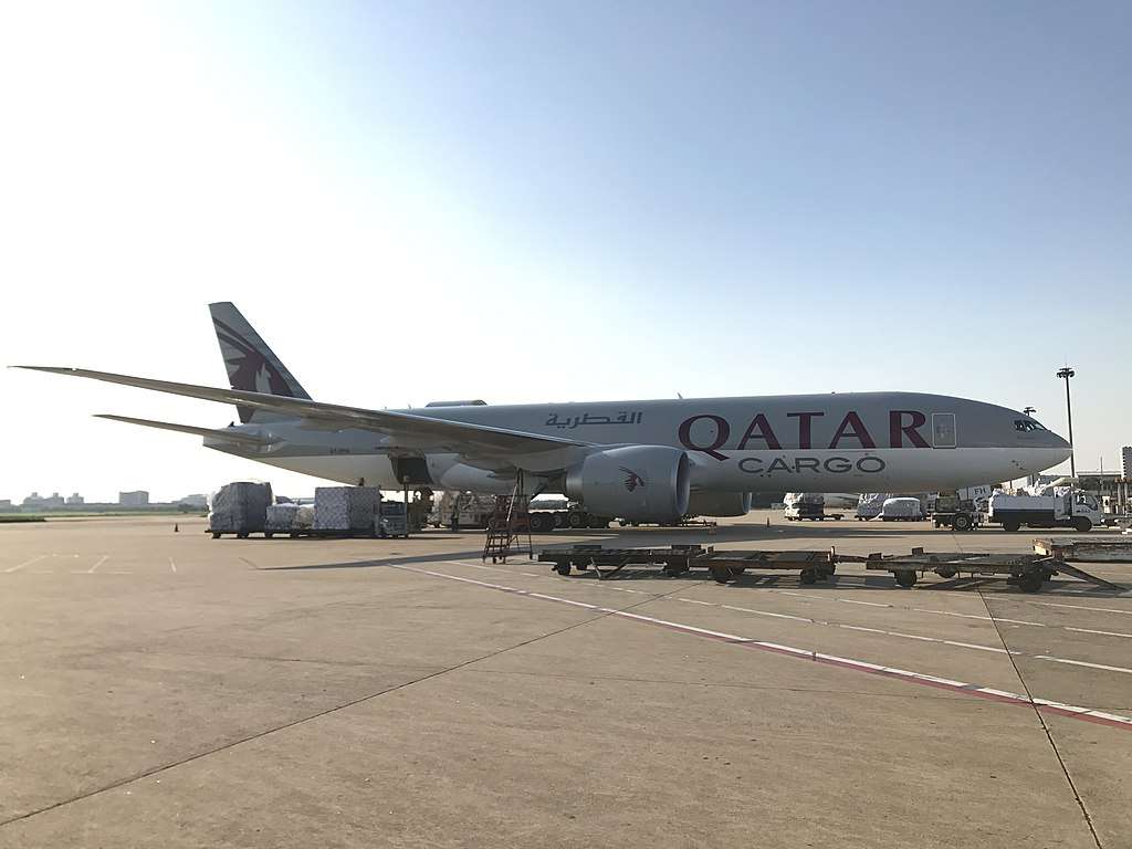A Qatar Airways cargo aircraft is loaded.