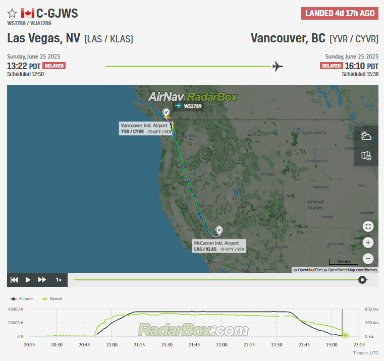 Flight path of WestJet flight from Las Vegas to Vancouver.