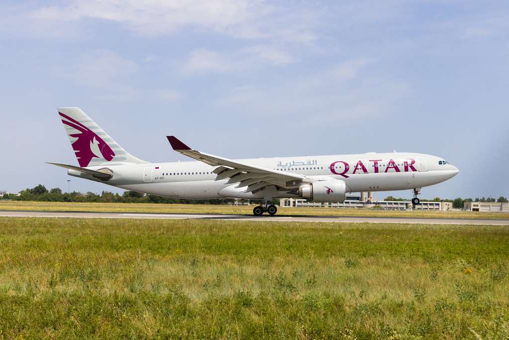 A Qatar Airways flight touches down in Toulouse, France.
