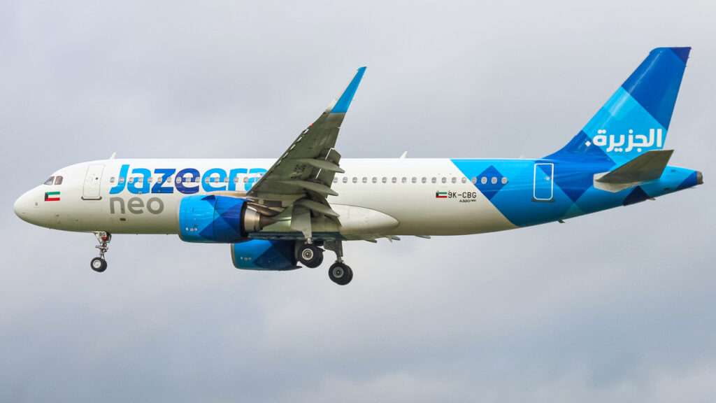 A Jazeera Airways Airbus A320 approaches to land.