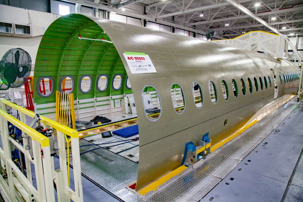 Fuselage of a Qantas Airbus A220 on the production line.