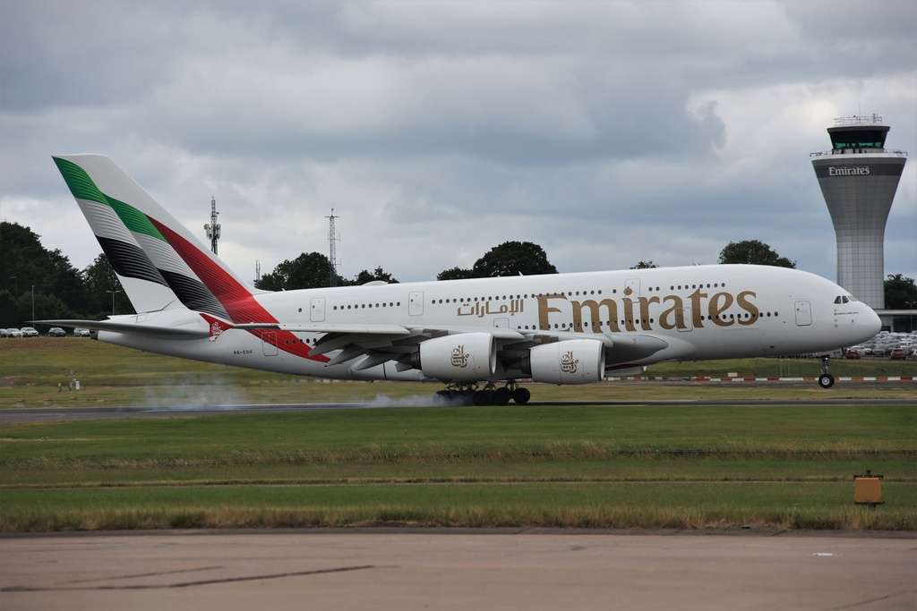 An Emirates A380 lands at Birmingham Airport.
