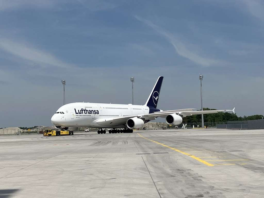 A Lufthansa Airbus A380 on the taxiway, bound for New York.