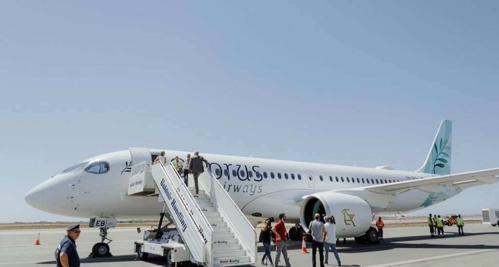 A Cyprus Airways Airbus A220 parked at Larnaca Airport