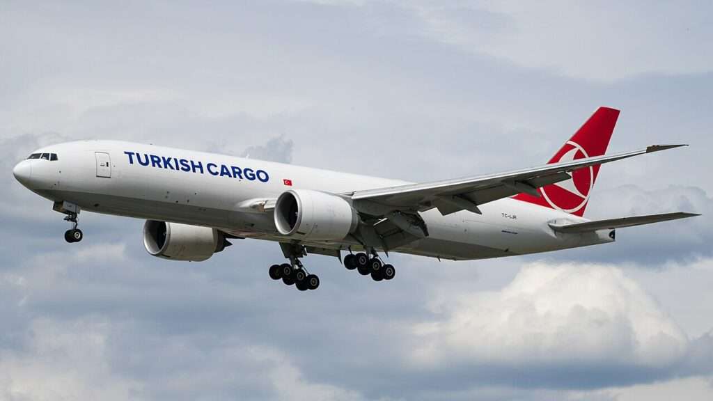 A Turkish Cargo Boeing 777 freighter approaches to land.