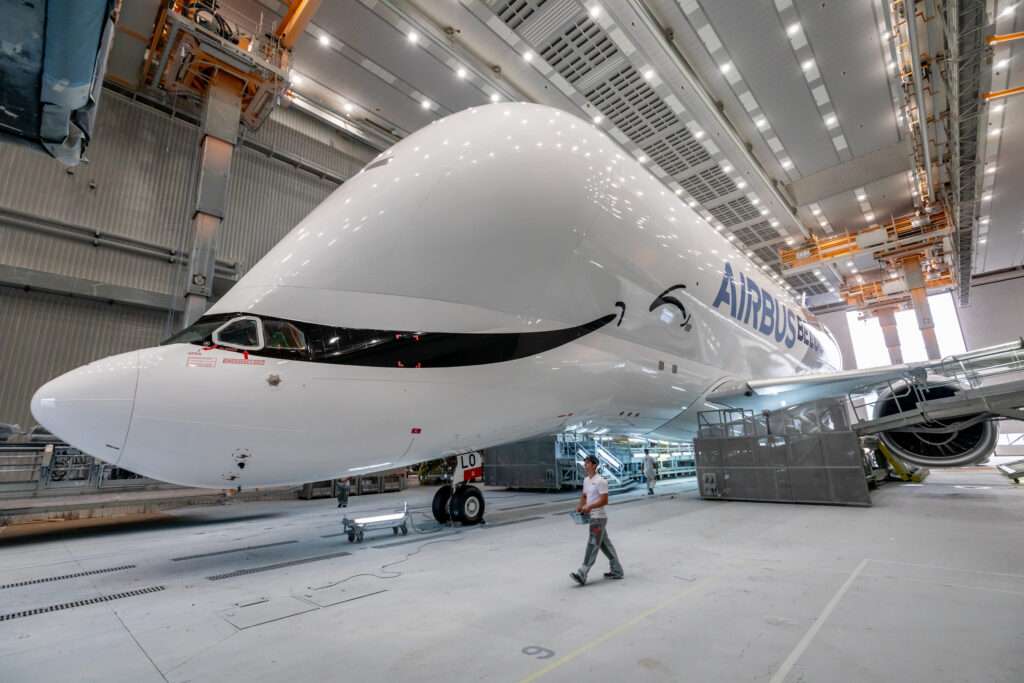 An Airbus BelugaXL in the paint shop