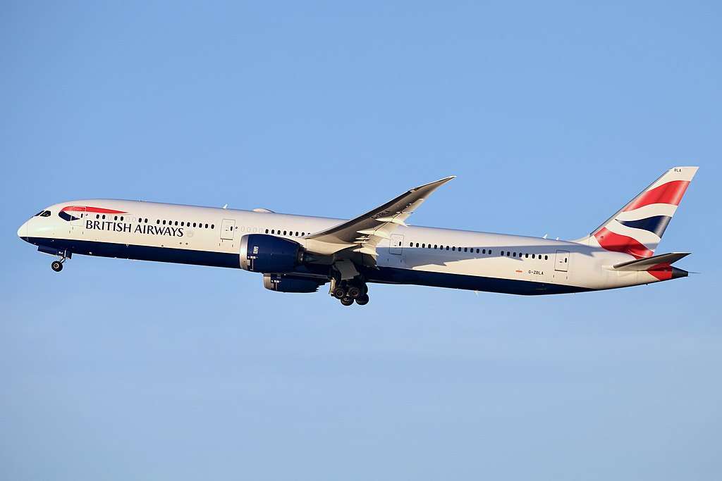 A British Airways Boeing 787-10 climbs after takeoff.