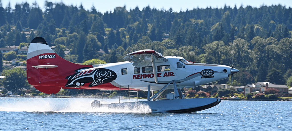 A Kenmore Air seaplane takes off from Tacoma, WA.