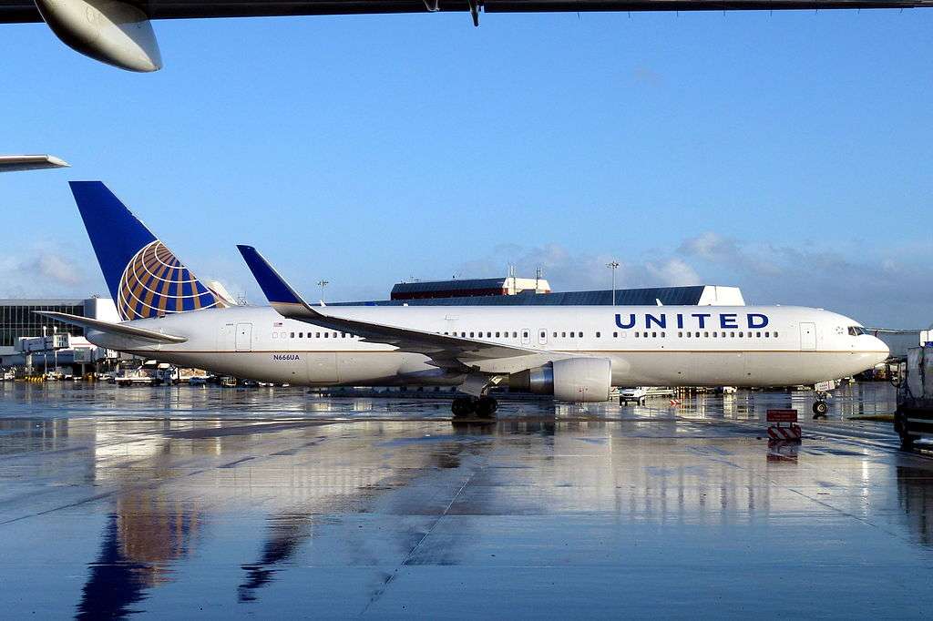 A United Airlines Boeing 767 on the tarmac.