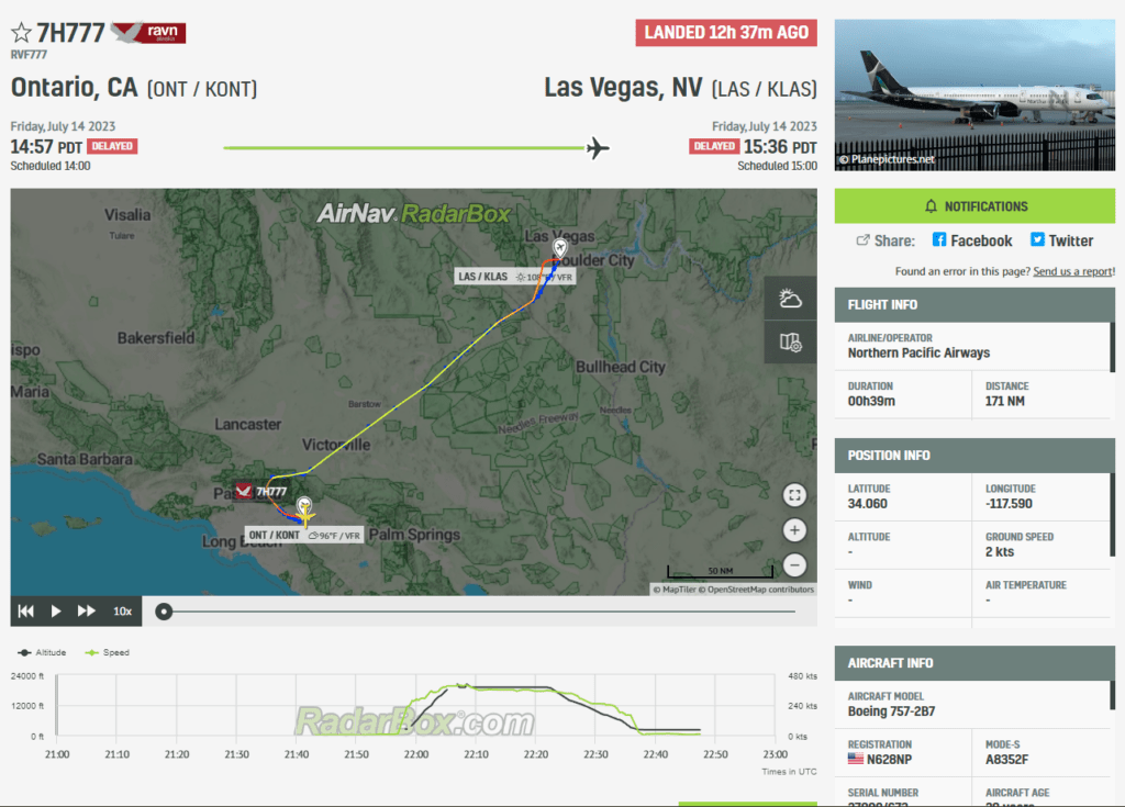 Tracking Data from 7H777 routing Ontario to Las Vegas.