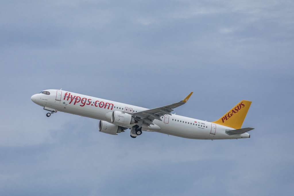 A Pegasus Airlines Airbus A321neo climbs out.
