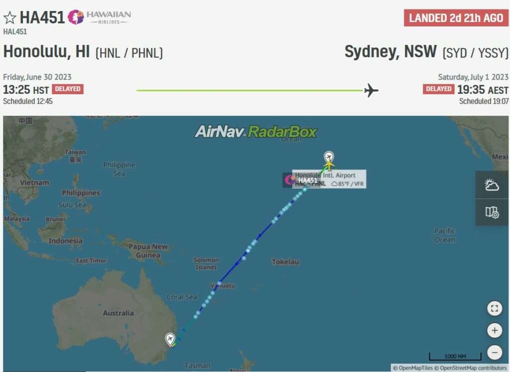 Flight path of Hawaiian Airlines flight from Honolulu to Sydney.