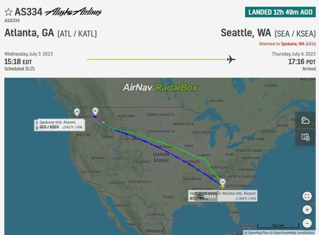 Flight track of Alaska Airlines flight to Seattle
