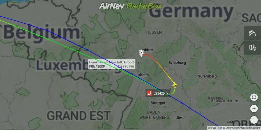 Flight track of Jet2 flight from London to Izmir, showing diversion to Frankfurt.