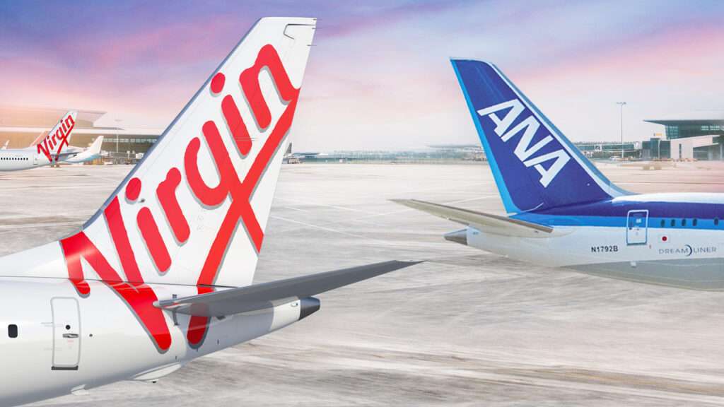 Render of tailplanes of Virgin Australia and ANA aircraft.