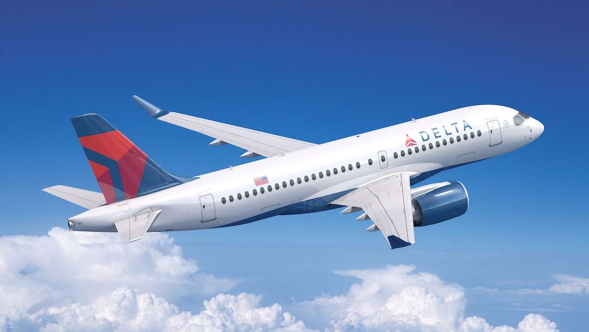 Render of Delta Air Lines Airbus A220 in flight.