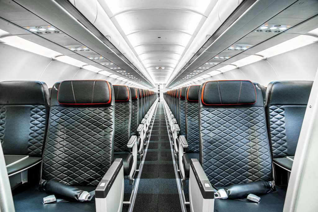 View of new interior of Avianca Airlines Airbus A320 aircraft.