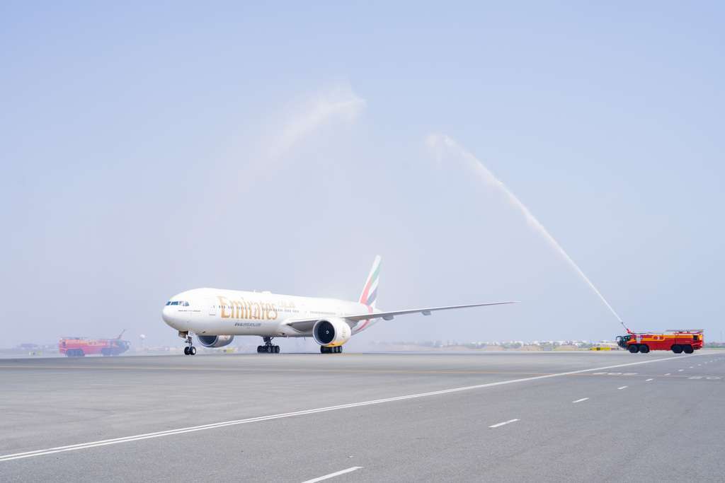 An Emirates flight receives a water cannon salute on arrival at Muscat, Oman.