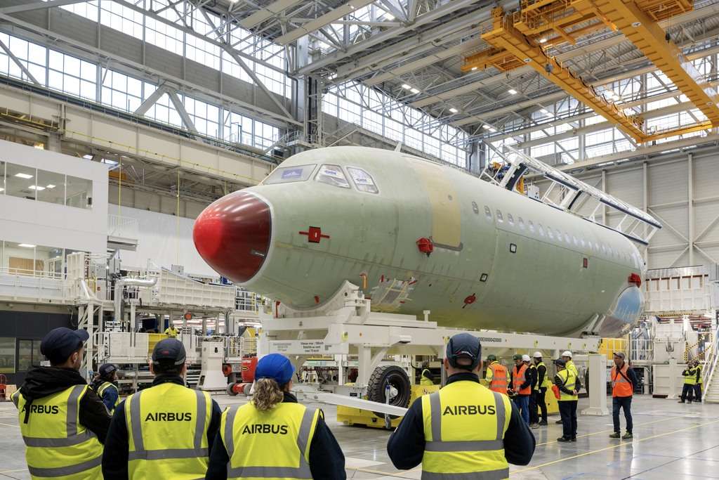 An A321 fuselage on the Airbus final assembly line in Toulouse.