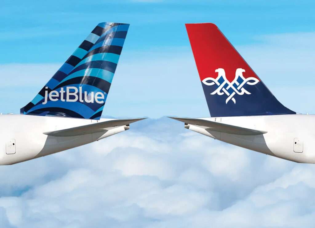 Render of the tailplanes of JetBlue and Air Serbia aircraft.