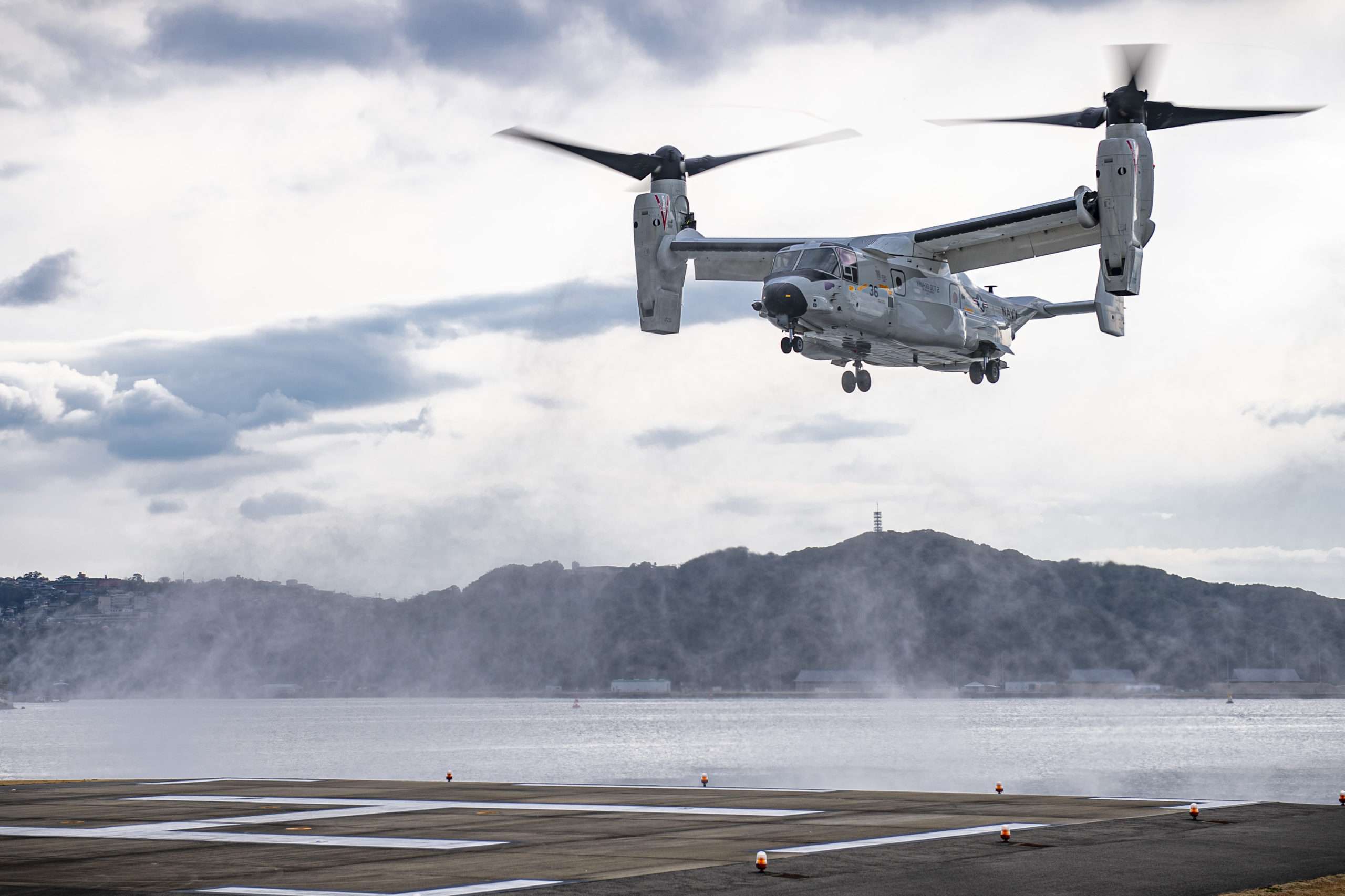 A V-22 Osprey helicopter comes in to land.