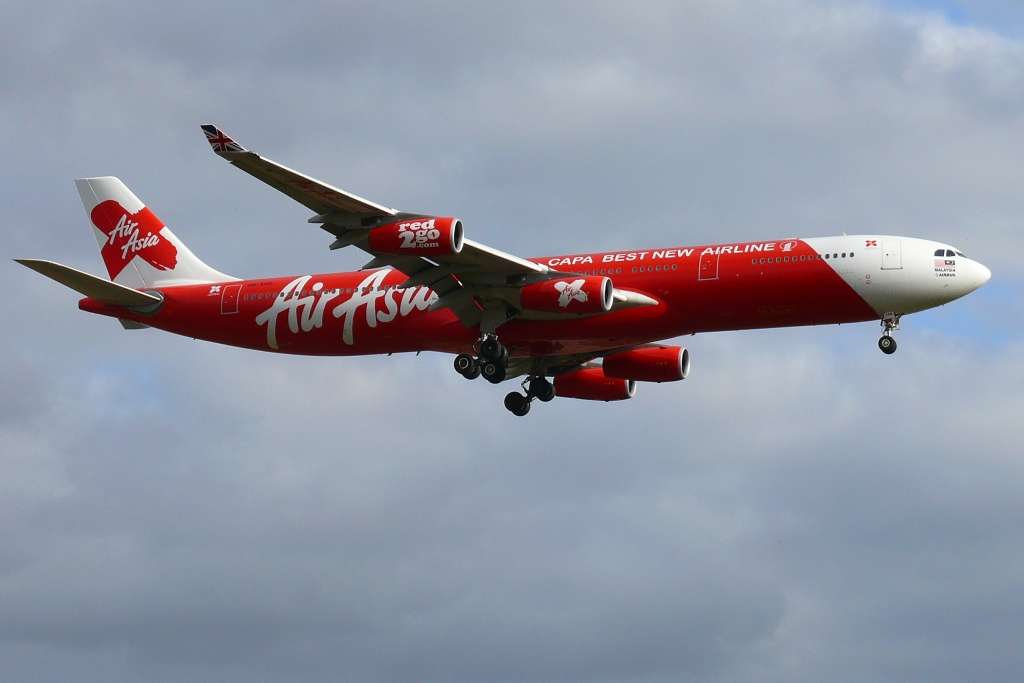 An AirAsia X Airbus A340 approaching to land.